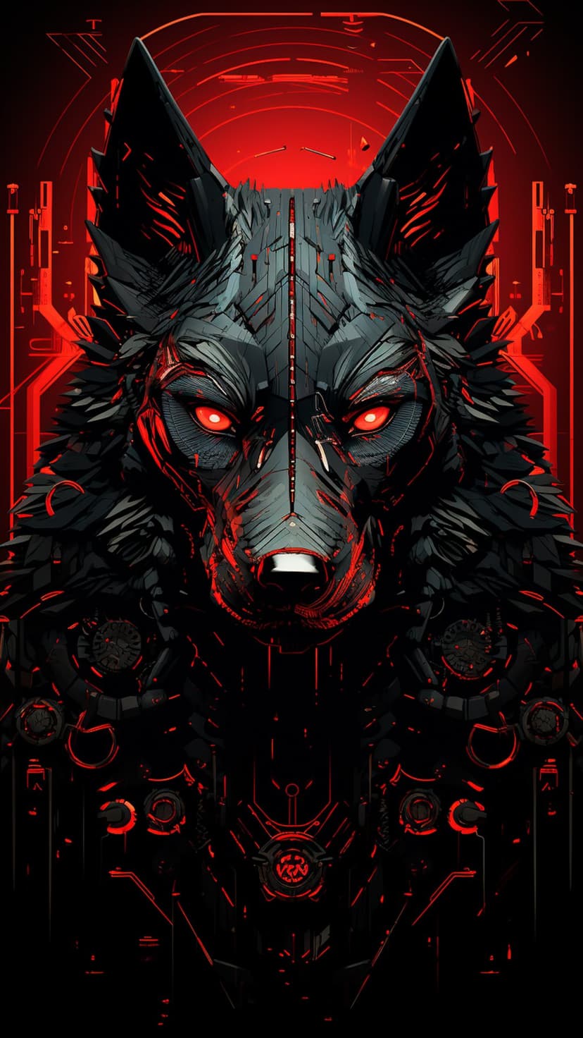 Cybernetic wolf head with glowing red eyes, mechanical face plates, and neon circuitry on a black background.