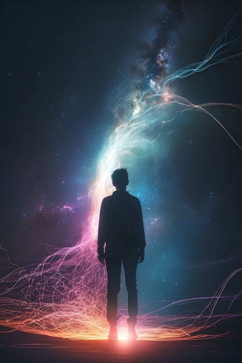 Silhouette of a man facing a swirling pink and blue nebula with glowing electric strands in a dark starry sky.