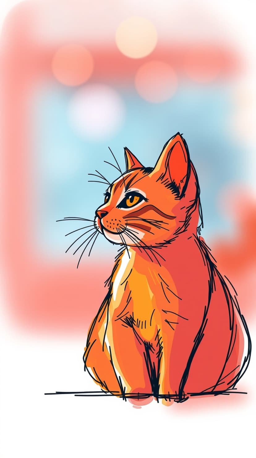 Orange tabby cat gazes left with stylized fur lines against a soft bokeh background of coral and blue circles.