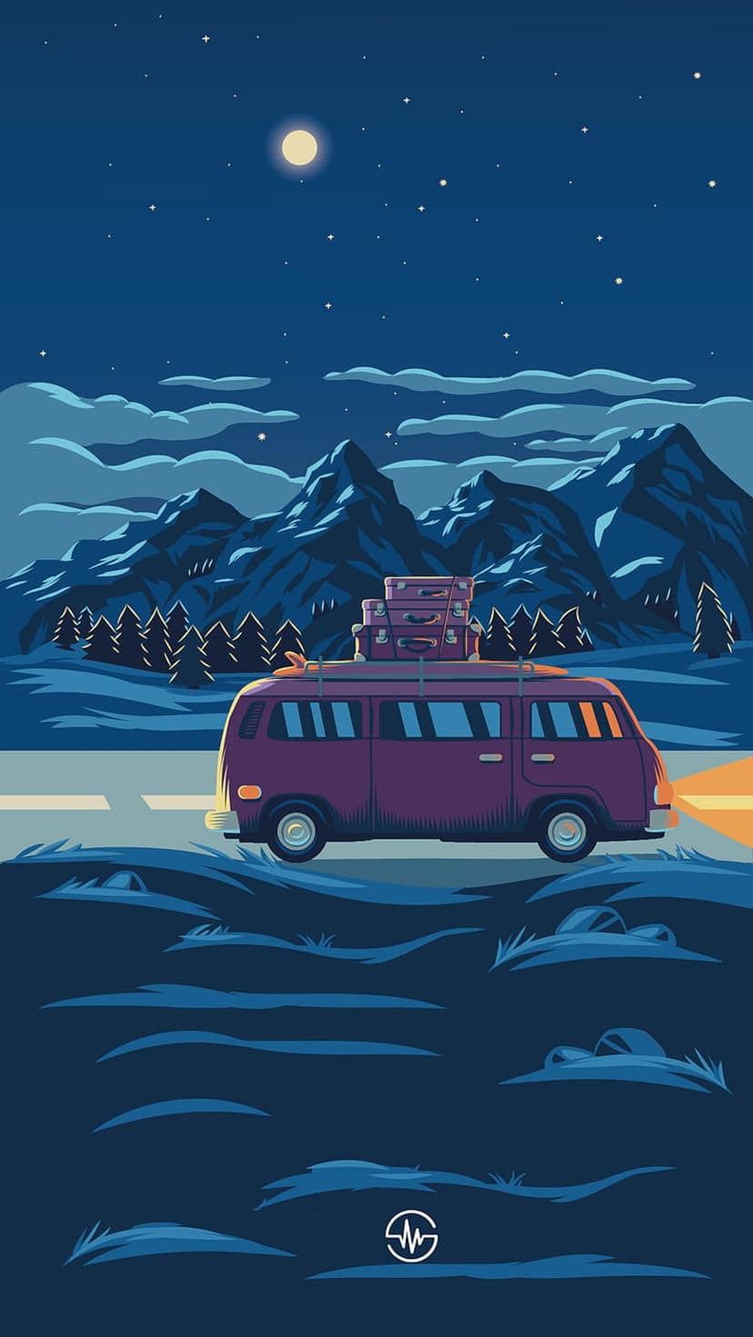 Purple vintage van with roof luggage travels a winding road toward moonlit mountains under a starry sky.