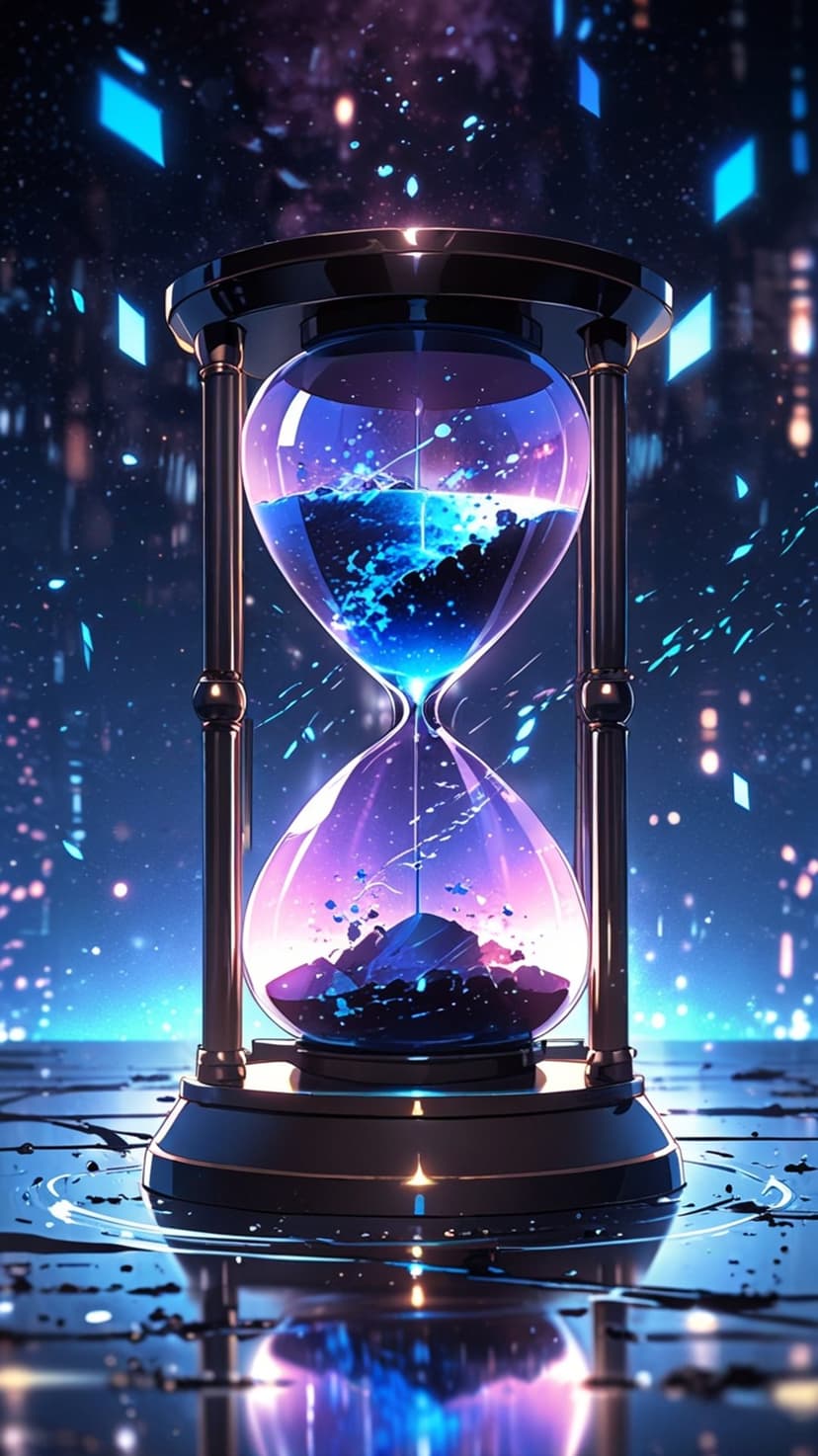 Hourglass containing a purple nebula sits above glowing orange city lights and floating digital particles.