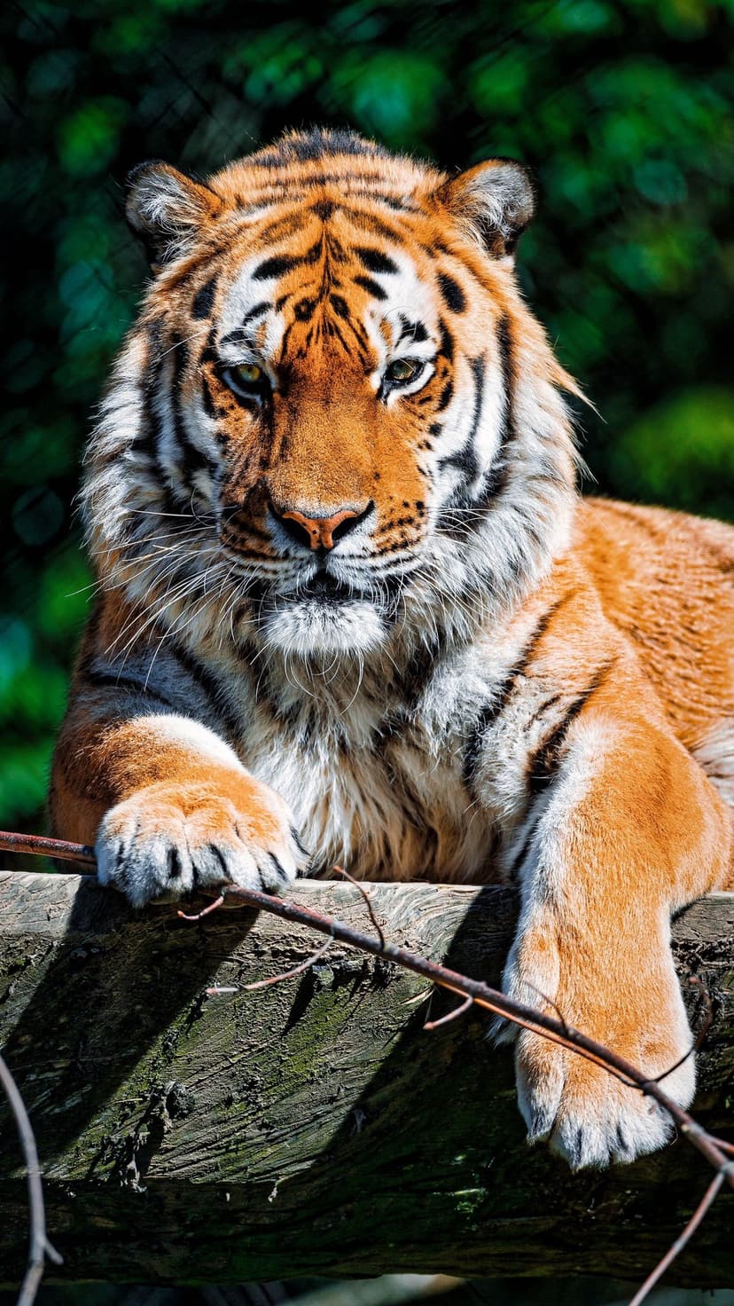 Bengal tiger with vibrant orange stripes and a thick white mane rests its head on a weathered wooden log.