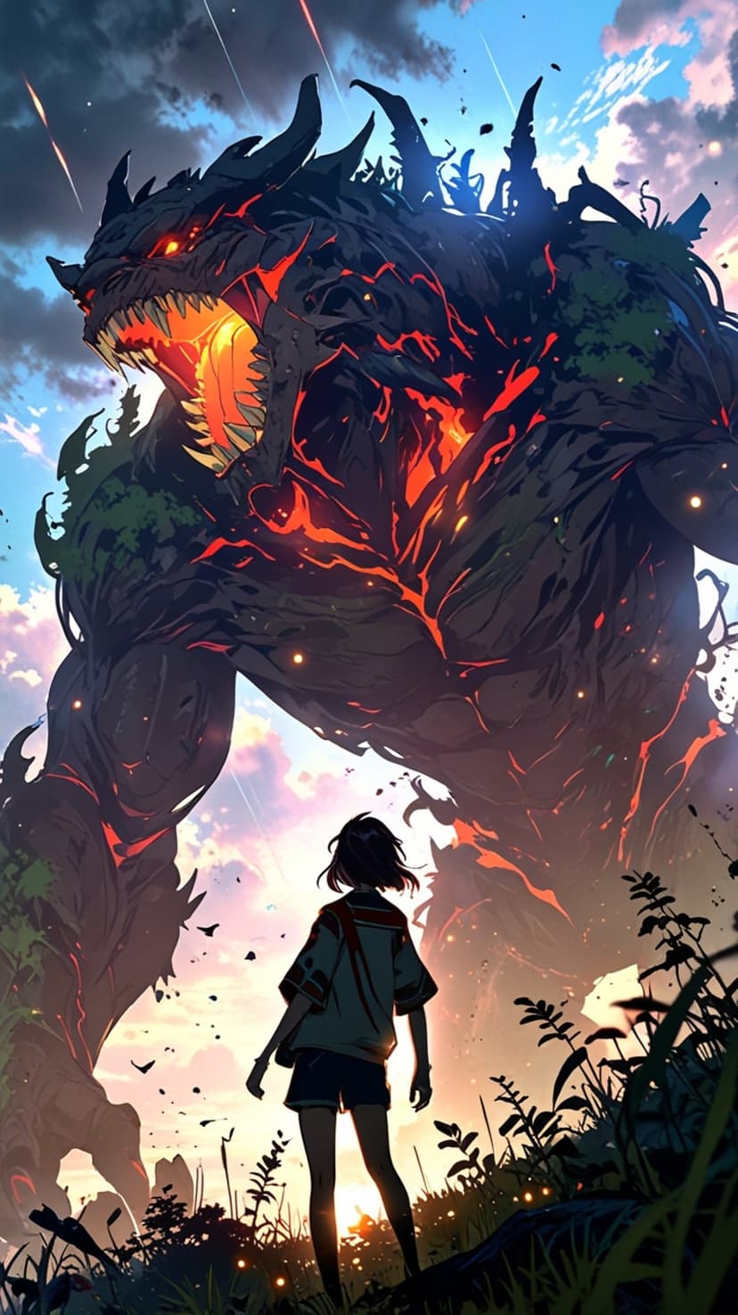 Giant lava monster made of molten rock looming over a small human figure in a field during a vibrant sunset.