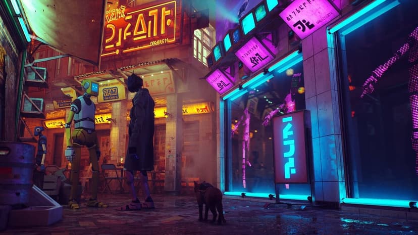 An orange cat walks toward two tall robots in a neon-lit alley with glowing cyan and pink signs and screens.