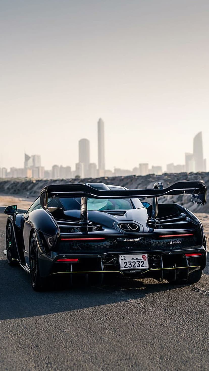 Black McLaren Senna supercar rear view featuring a massive wing and LED lights with a blurred city in the background.