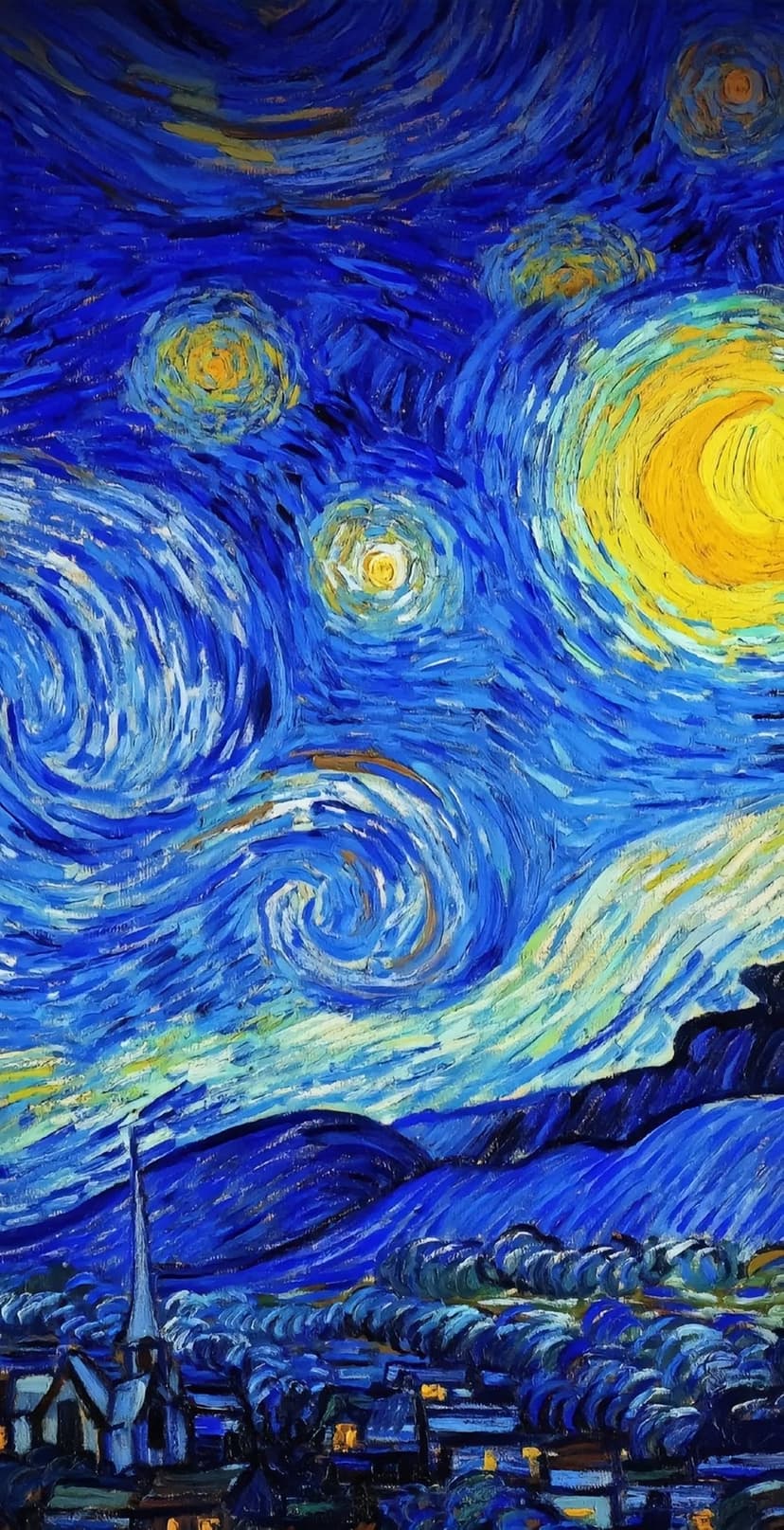 Luminous yellow moon and swirling stars hang above a quiet blue village with a church spire and rolling hills.
