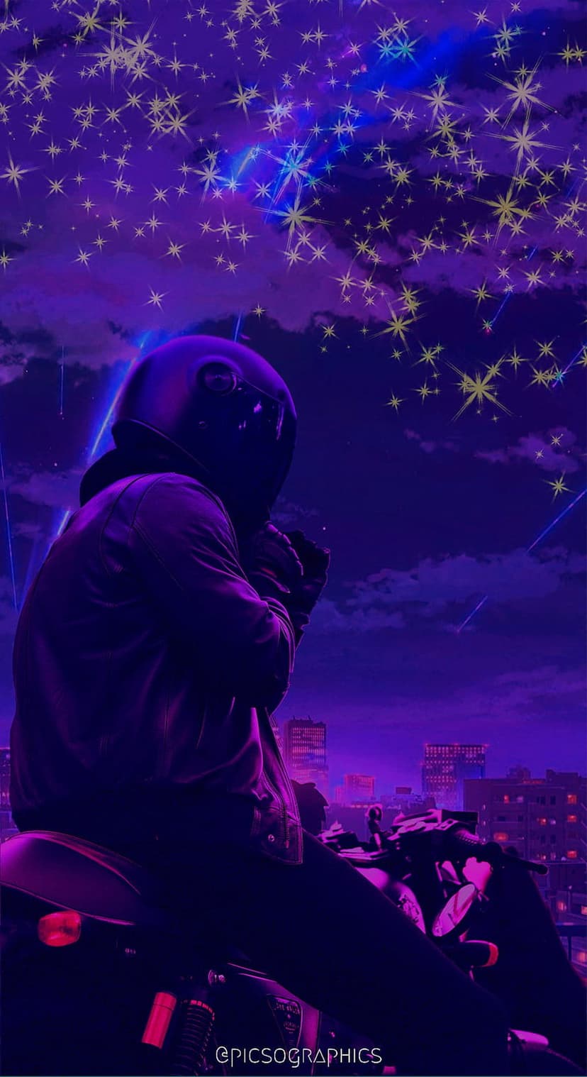 Motorcyclist in a helmet sits on a bike facing a starry purple sky and distant neon city lights in the night.