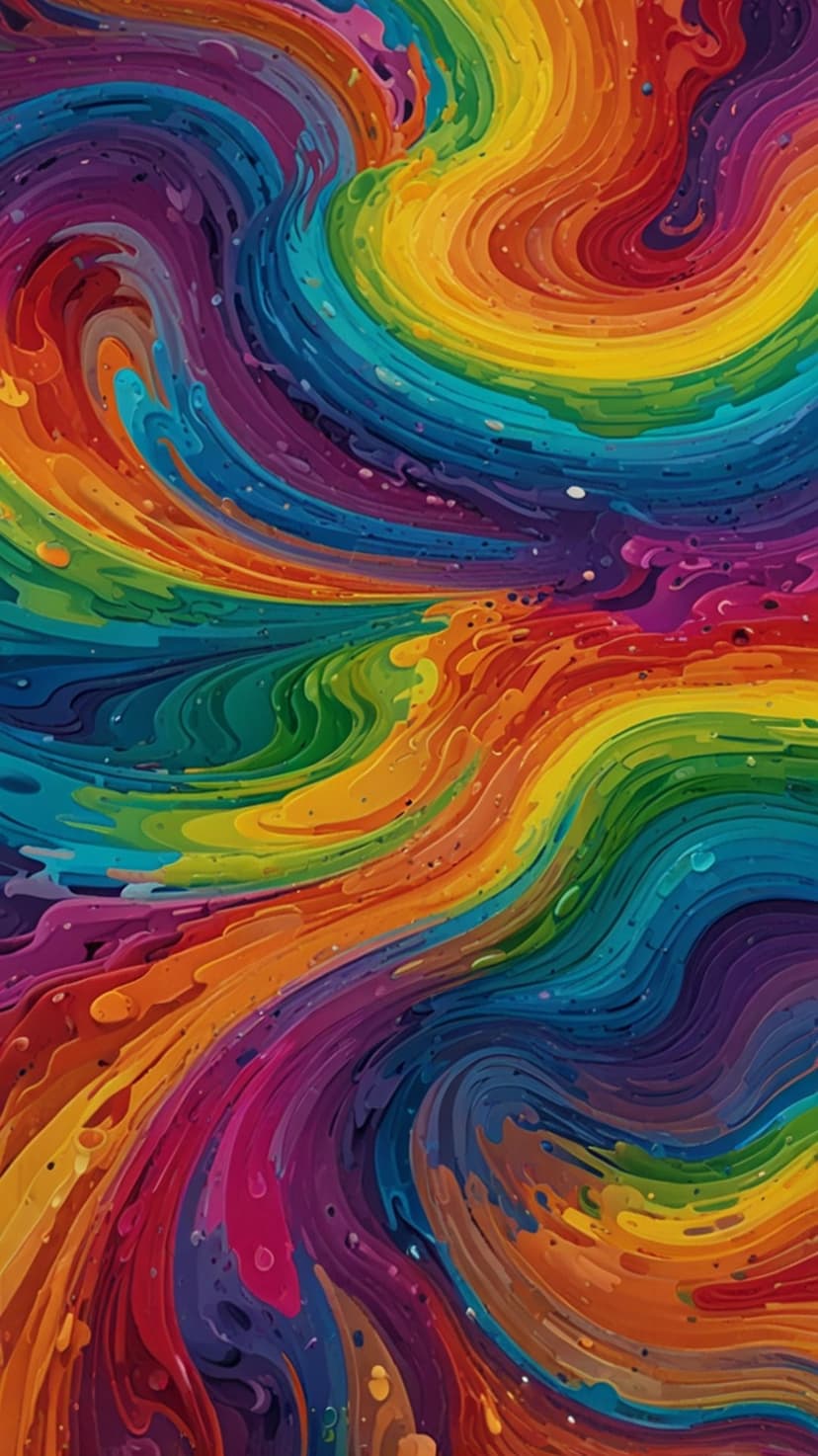 Prismatic paint swirls in a vertical spiral with blended shades of red, blue, green, and yellow acrylic textures.