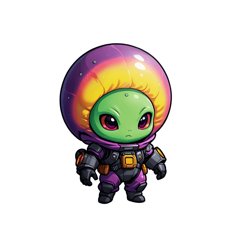 Chibi alien astronaut sticker wearing a white space suit with a glowing purple and orange glass visor.