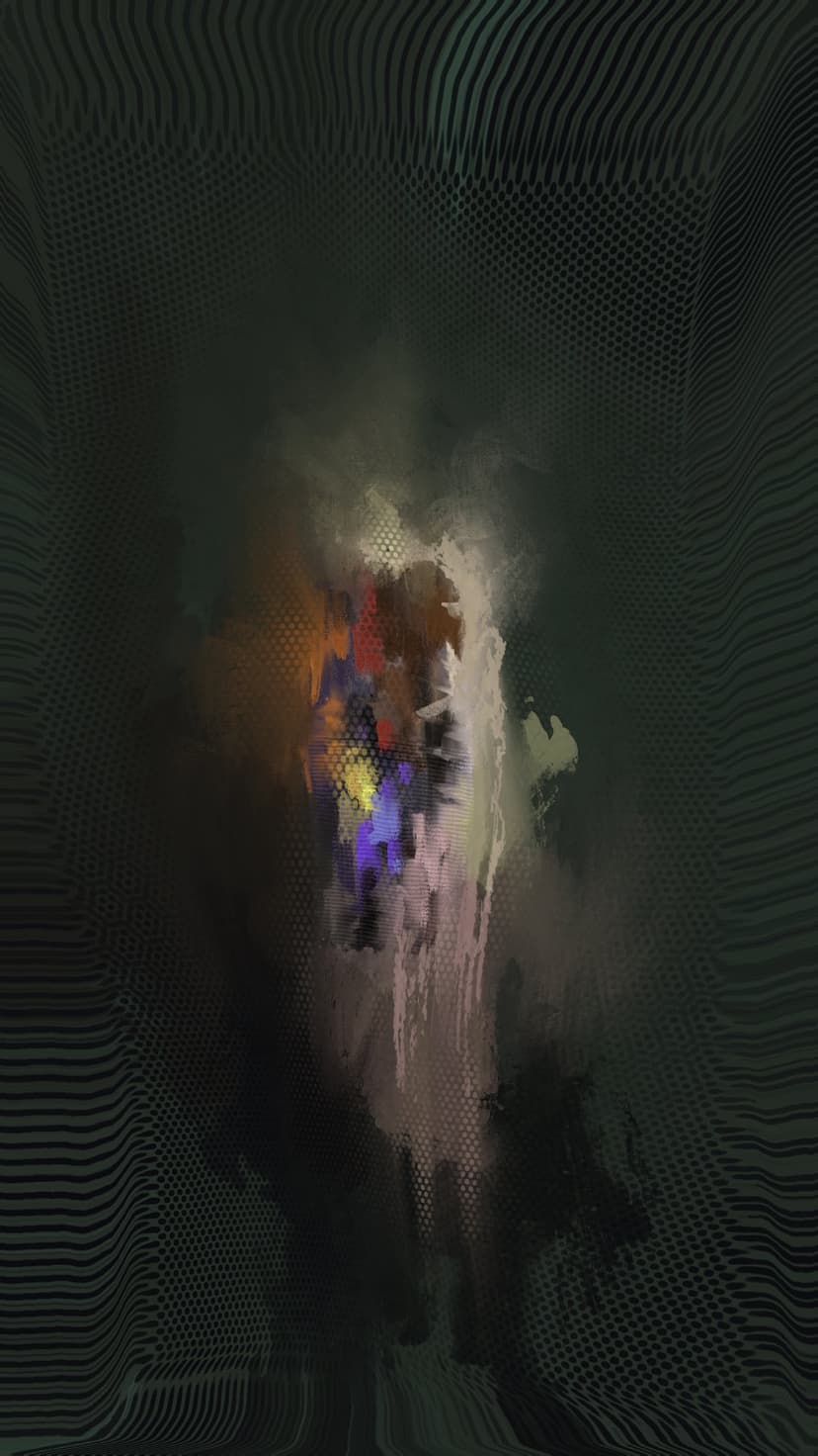 A glowing ghostly figure composed of blue and red brushstrokes stands before dark wavy lines and a dot grid.