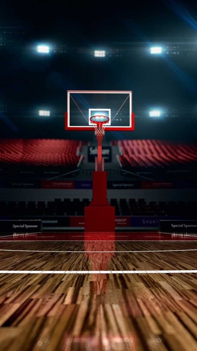 Basketball hoop and backboard centered over a polished wooden court with rows of red stadium seats behind.