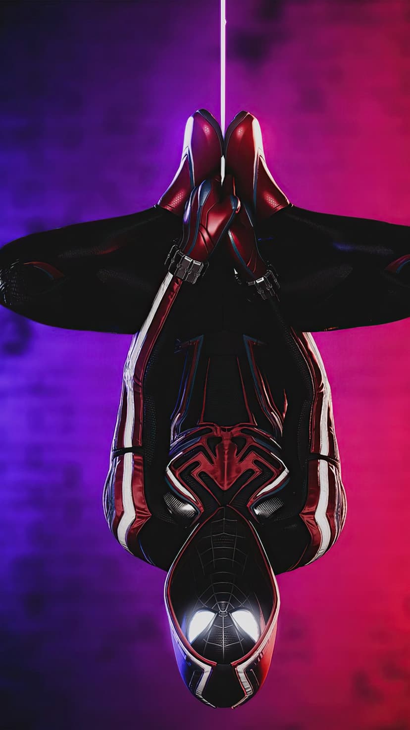 Miles Morales hangs upside down from a web line wearing a black and red suit against purple neon lights.