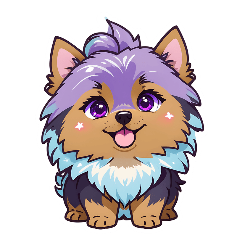 Chibi canine sticker illustration with fluffy purple hair, glossy eyes, and a blue chest on a white outline.