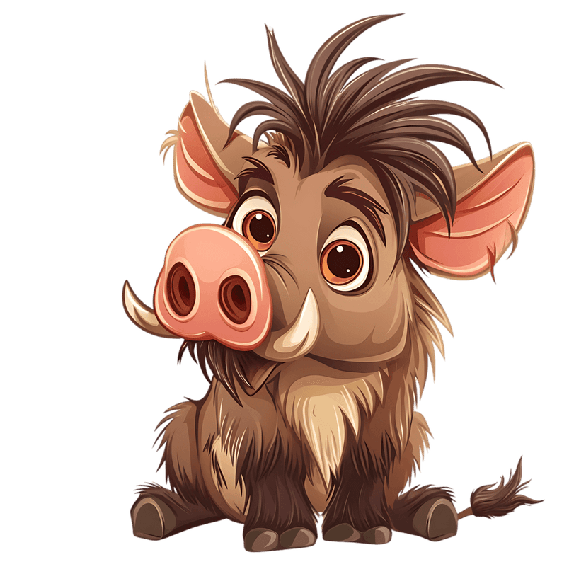 Warthog character illustration shows a seated cartoon animal with brown textured fur and curved white tusks.