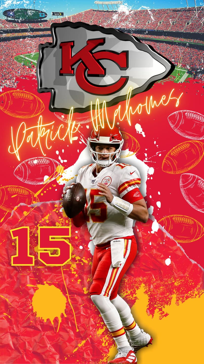 Patrick Mahomes holds a football in a Kansas City Chiefs uniform against a red and gold stylized background.