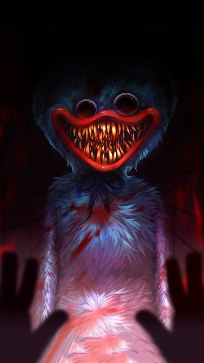 Looming blue furry monster with rows of sharp teeth and bloodstains in a dark, red-lit environment.