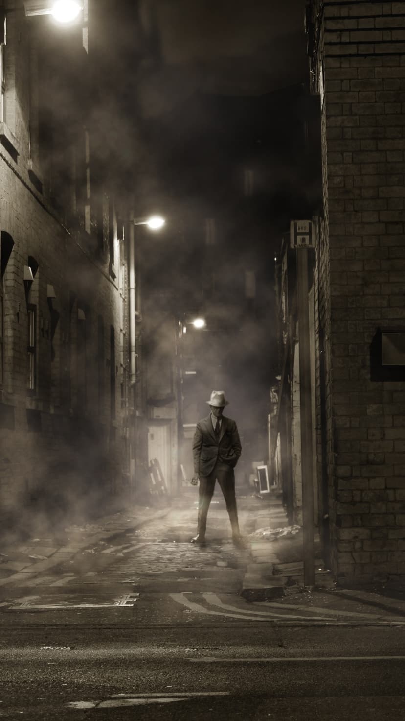 Man in a fedora and suit standing in a dark, misty brick alleyway under dim yellow streetlights at night.