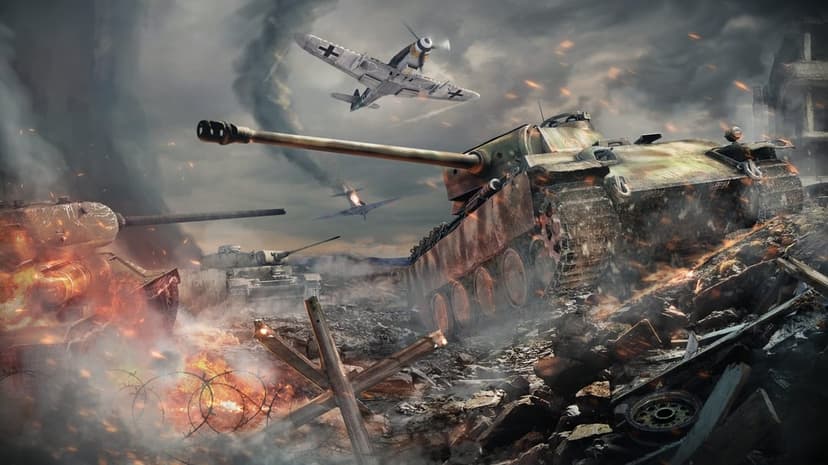 Panther tank crossing a battlefield with burning debris and a fighter plane flying through dark smoke.