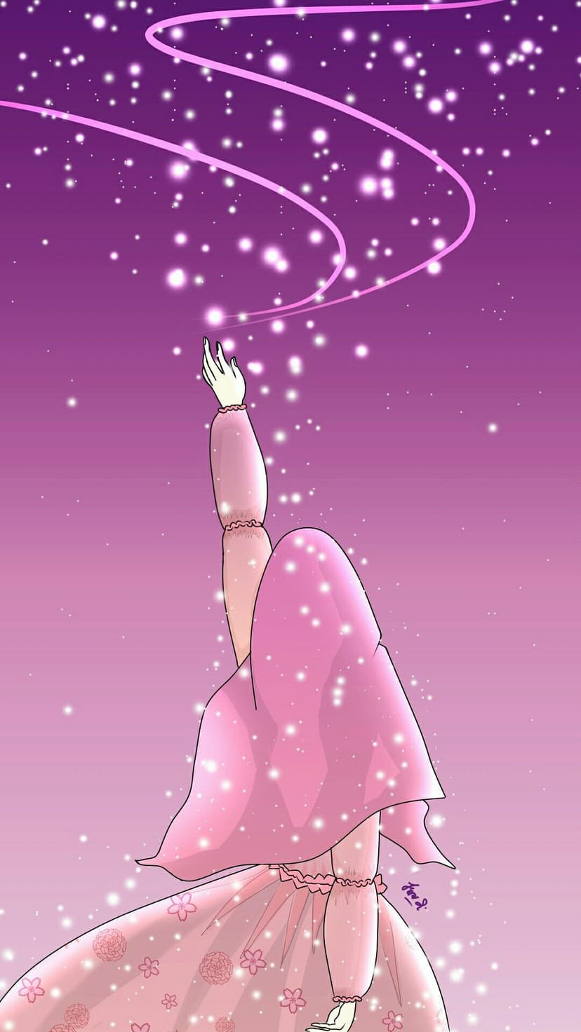 Hijabi girl reaching toward a purple night sky filled with glowing stars and swirling pink light trails.