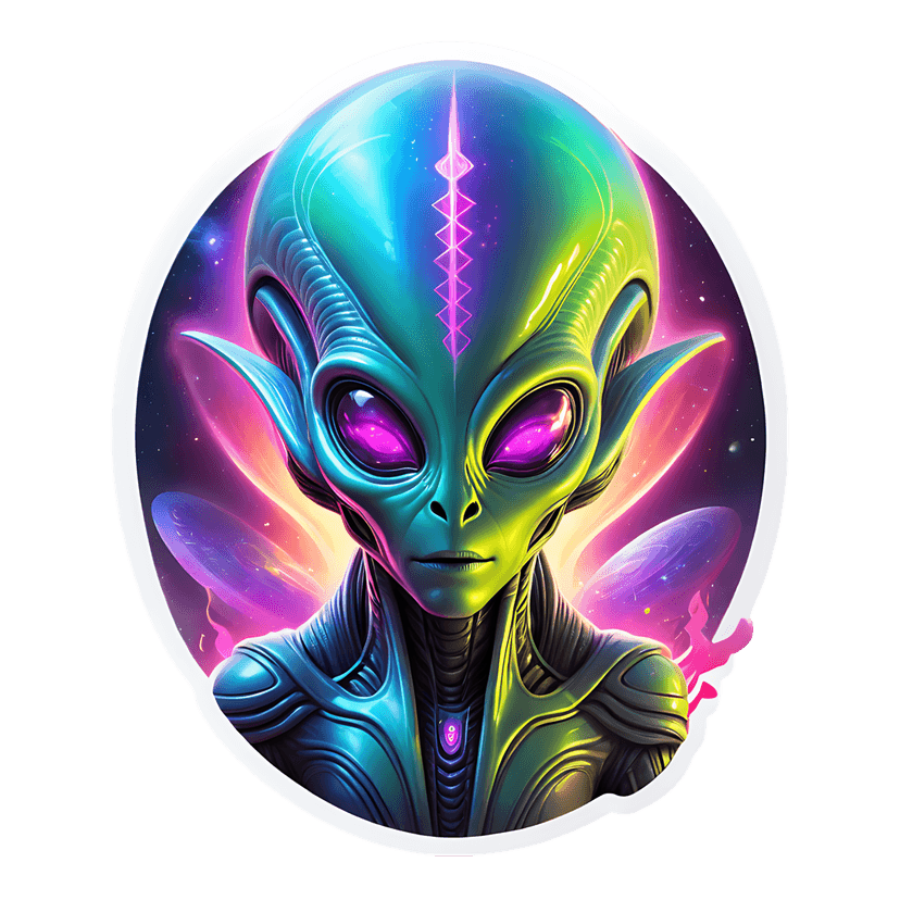 Biomechanical alien sticker with glowing purple eyes, teal skin, and pink energy lines on a black backdrop.