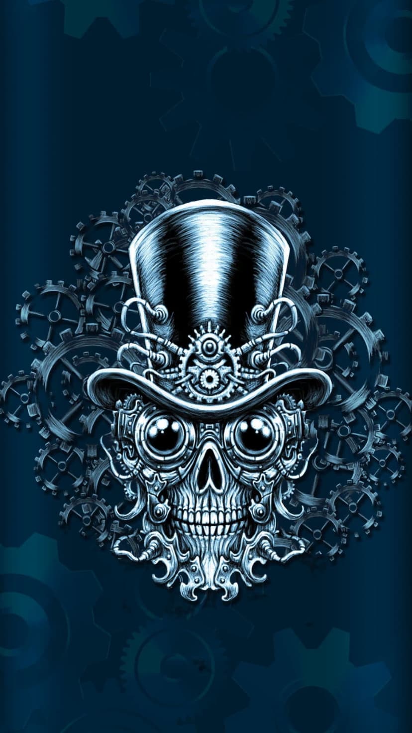 Steampunk skull with a top hat and brass goggles surrounded by mechanical gears on a dark blue background.