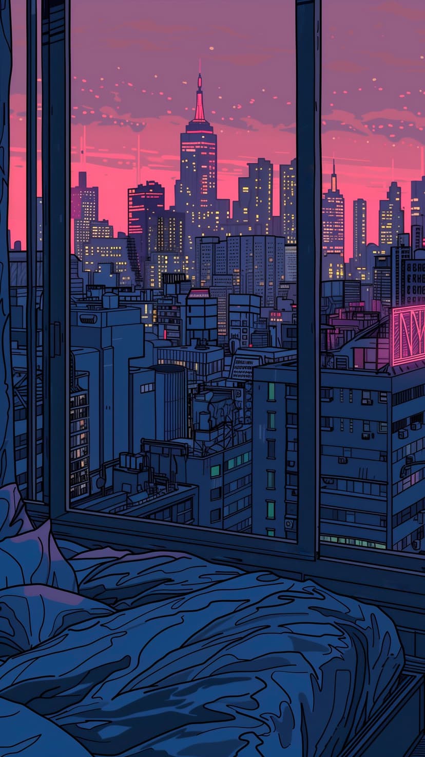 Messy bed with blue sheets faces a large window overlooking a pink city skyline at sunset with lit skyscrapers.