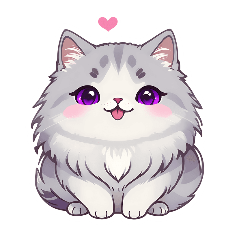 White fluffy kitten sticker with large purple eyes and a pink heart icon. Front view feline with gray accents.
