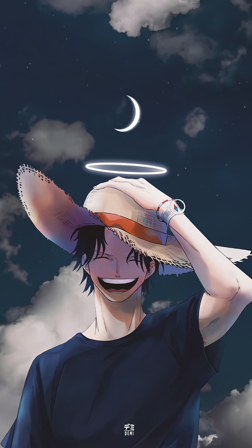 Smiling young man in a straw hat with a glowing halo stands before a crescent moon and dark evening clouds.