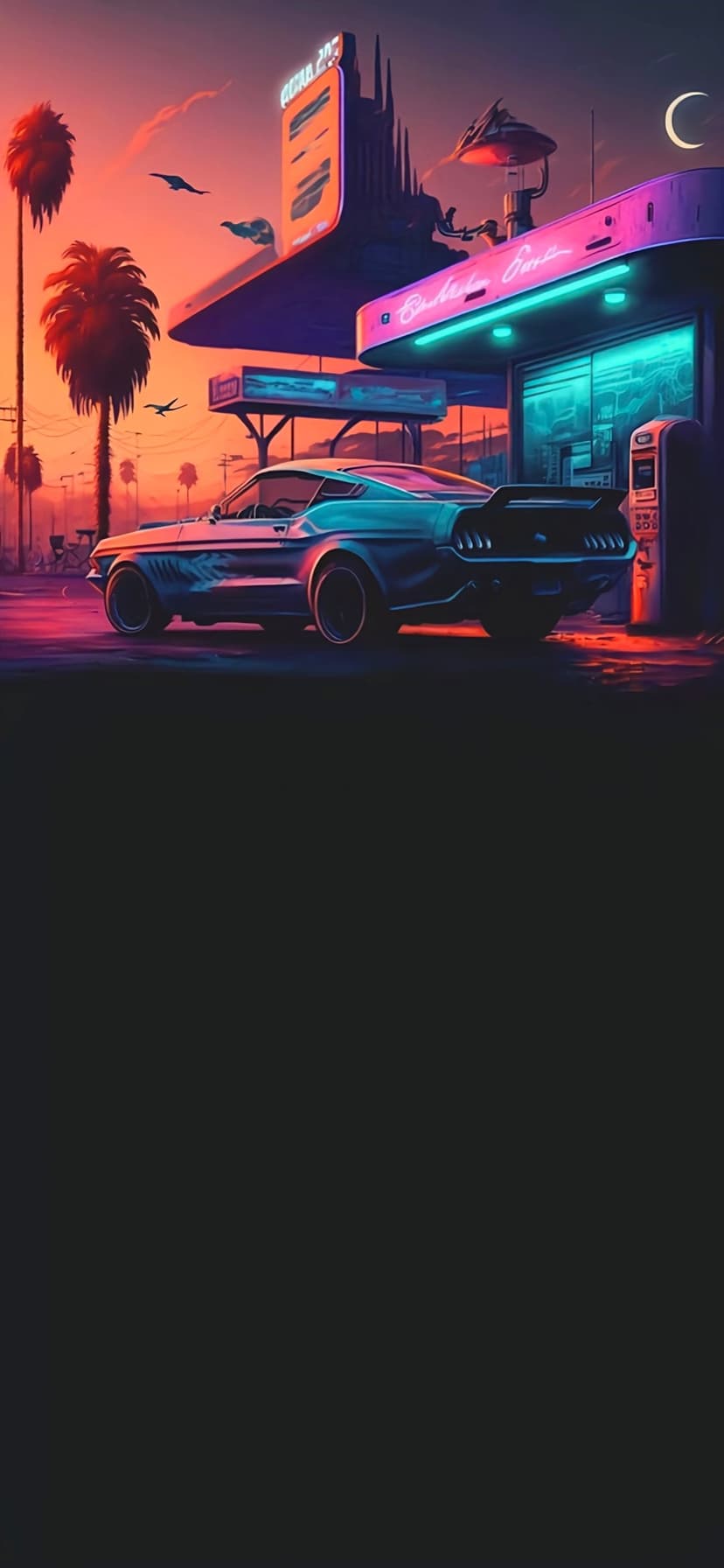 Classic muscle car parked at a neon-lit gas station with palm trees silhouetted against a fiery orange sunset sky.