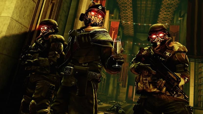 Three armored soldiers with glowing red eyes and gas masks in a decorated hall; the center one holds a glass.