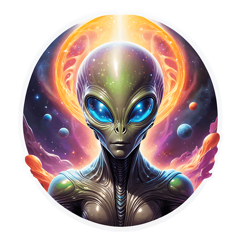 Gray alien sticker with glowing blue eyes sits centered within a circular orange energy ring against deep space.
