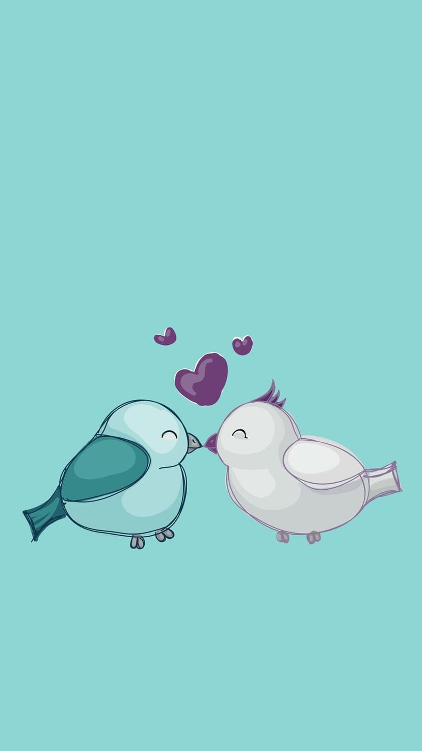 Two round blue birds kissing under a large purple heart and smaller floating hearts on a light blue backdrop.