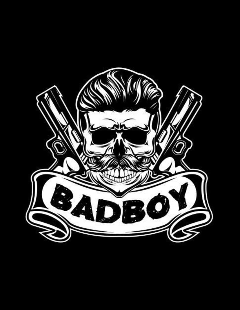 Skull with a moustache and haircut centered above crossed pistols and a banner reading badboy on black.