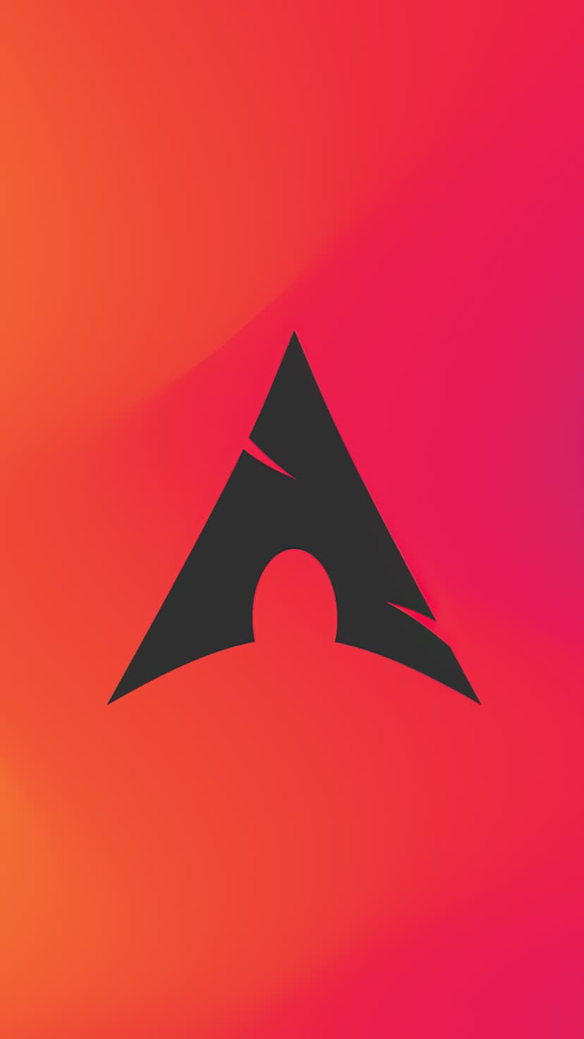Black Arch Linux emblem featuring jagged cutouts over a smooth orange and magenta sunset gradient background.