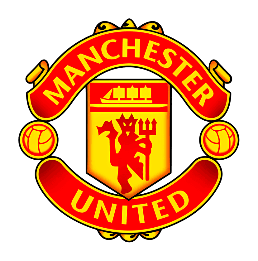 Manchester United logo shield featuring a red devil holding a pitchfork beneath a golden sailing ship emblem.