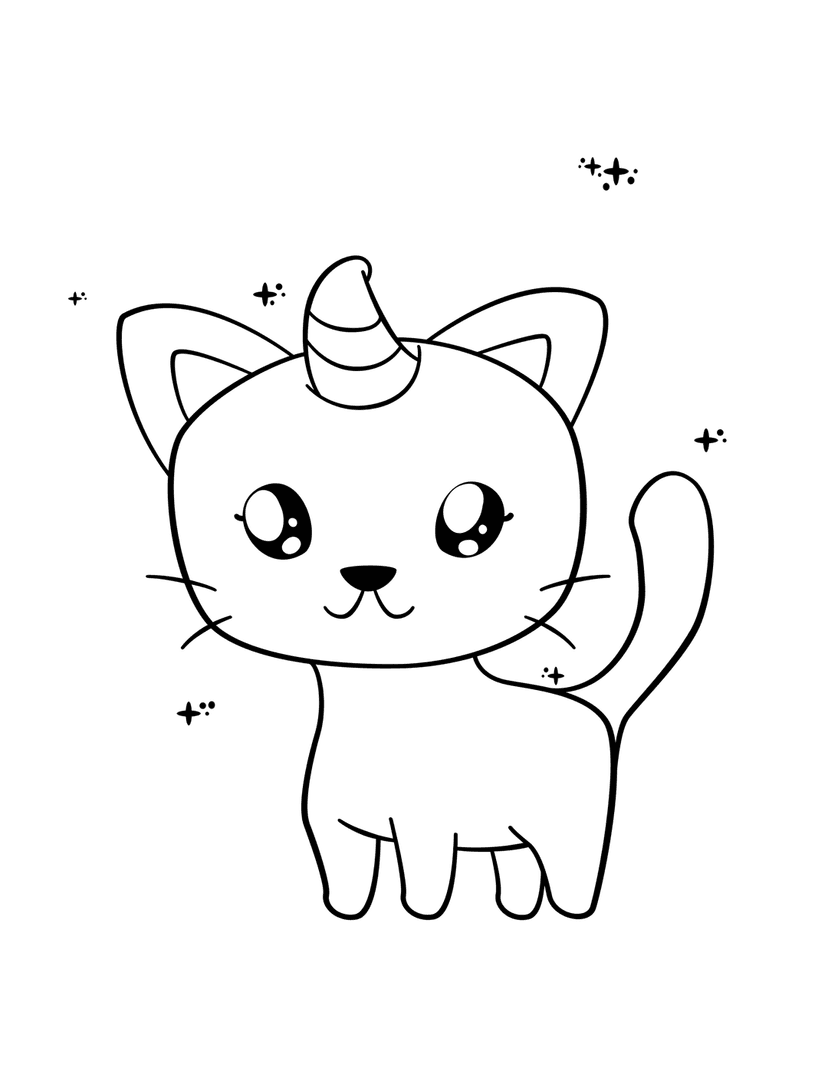 Cat unicorn line art illustration featuring a feline with a spiral horn and wide eyes for coloring pages.