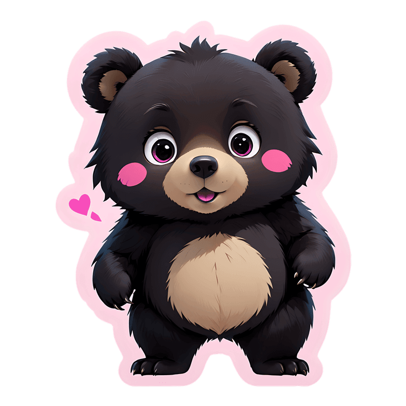Black bear cub sticker featuring fluffy charcoal fur, pink blush cheeks, glossy eyes, and a small pink heart.