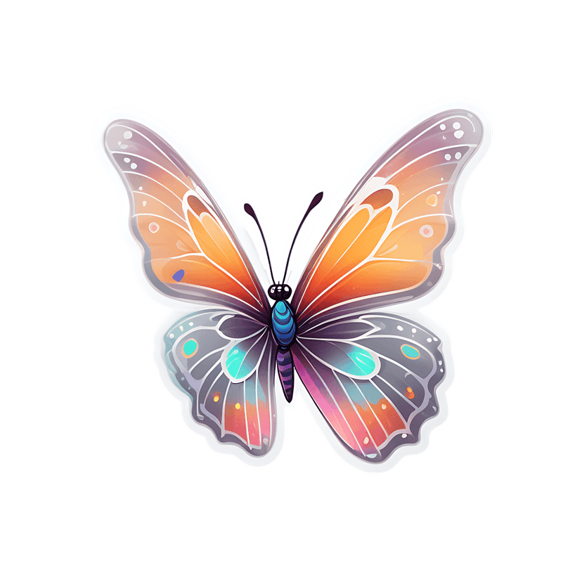 Butterfly sticker with orange and purple gradient wings and a glossy iridescent finish on a white border.