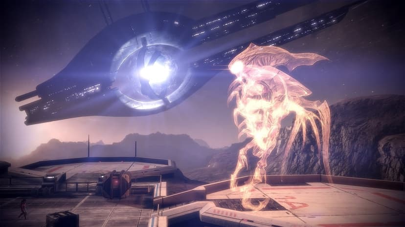 Translucent glowing insectoid creature on a landing pad with a massive spaceship core in the background.