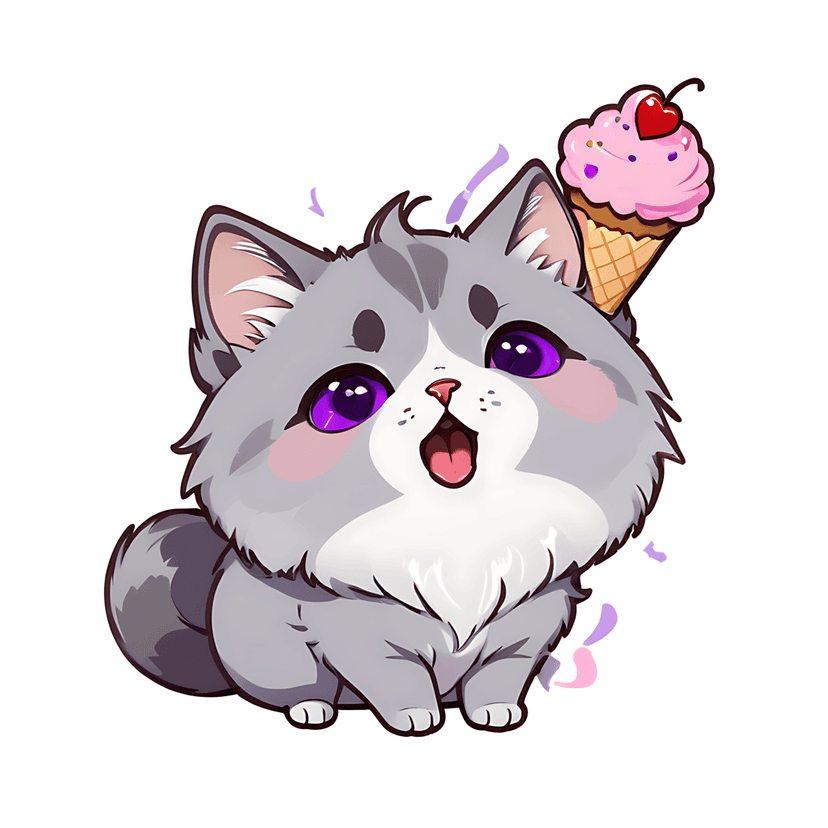Gray fluffy kitten sticker illustration with purple eyes and a strawberry ice cream cone on its head.