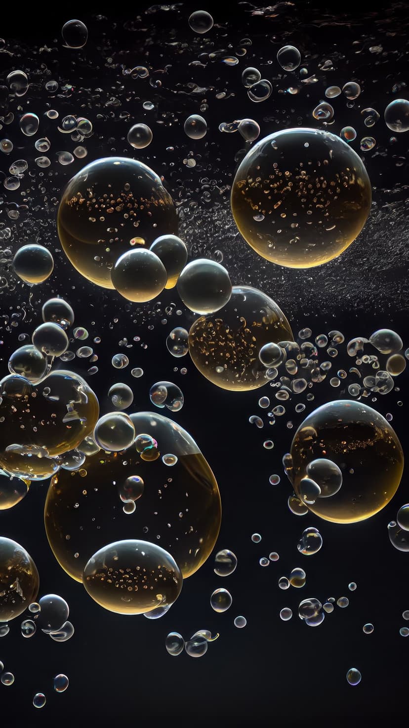Luminous golden bubbles and translucent droplets float in a dark, thick liquid with internal light reflections.