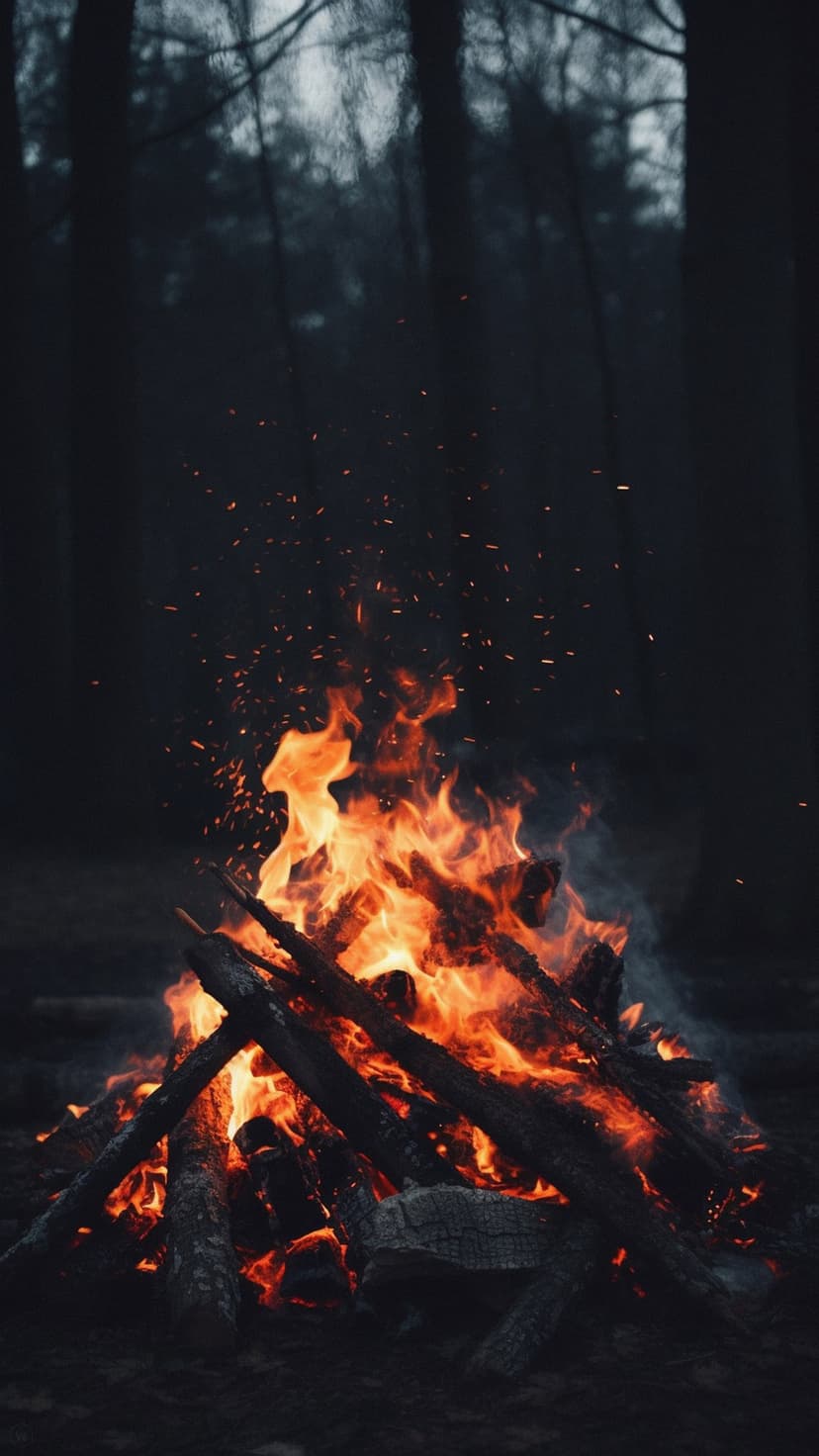 Bright orange campfire flames burning logs in a dark forest as glowing embers float into the night air.