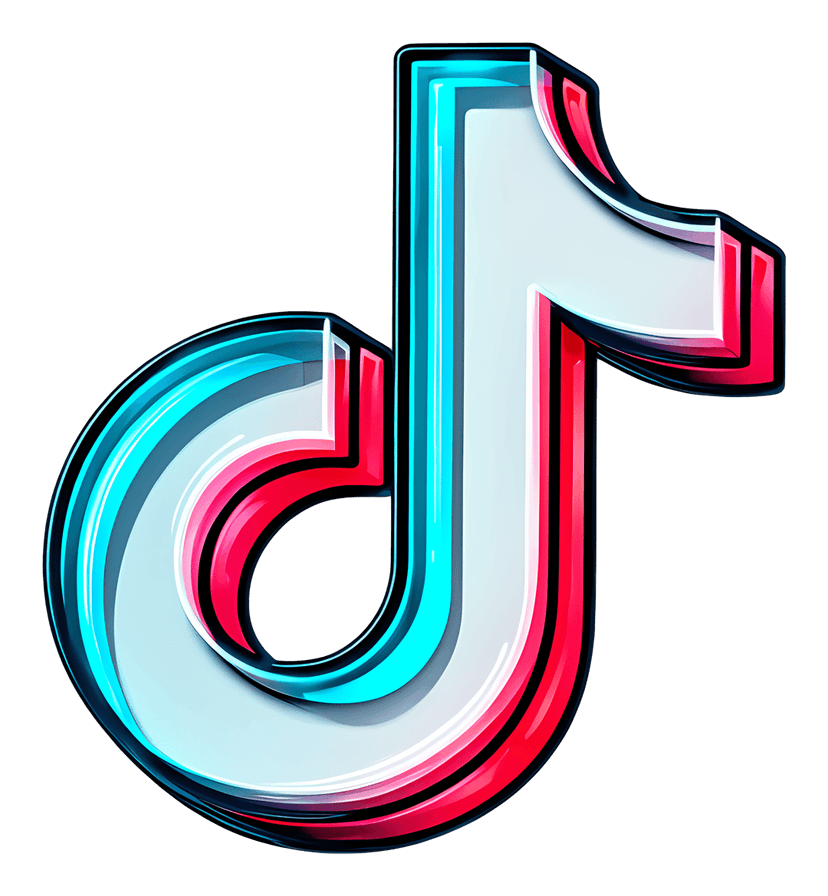 TikTok logo featuring a white musical note with red and cyan offset layers on a transparent background.
