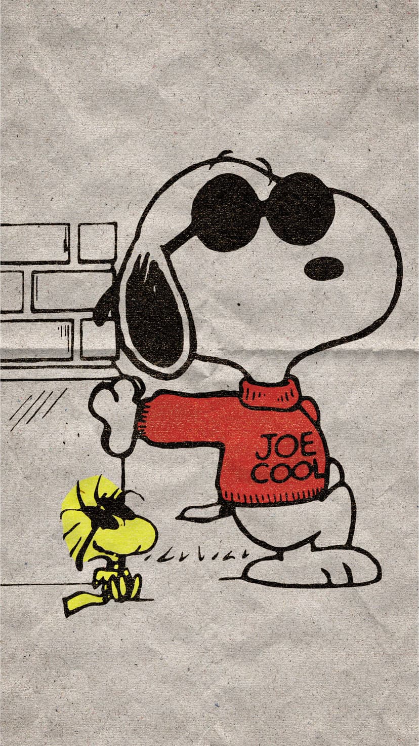 Snoopy wearing a red sweater and sunglasses stands with Woodstock against a textured brick wall background.