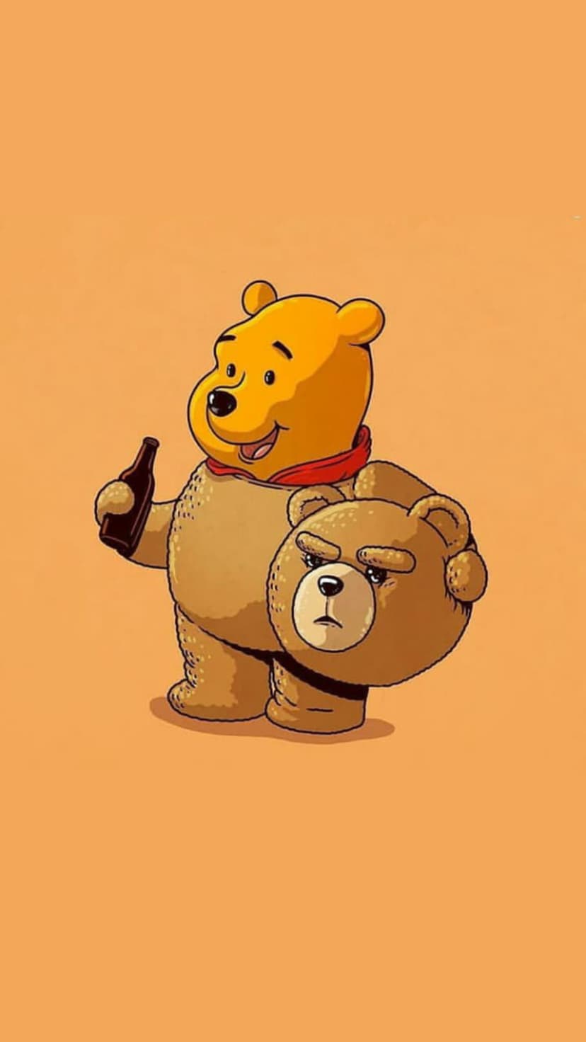 Winnie the Pooh with Ted's head holding a brown glass bottle against a simple background for mobile screens.