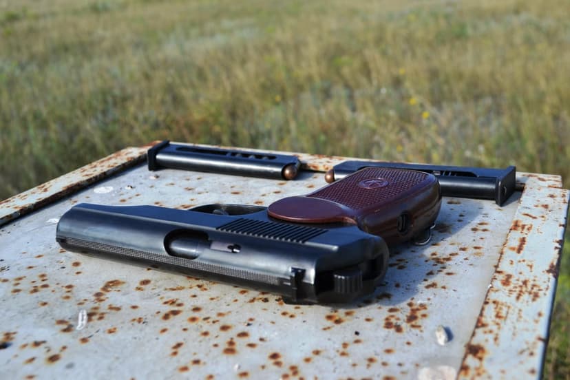 Semi-automatic handguns and magazines rest on a corroded metal surface against a blurry field of dry grass.
