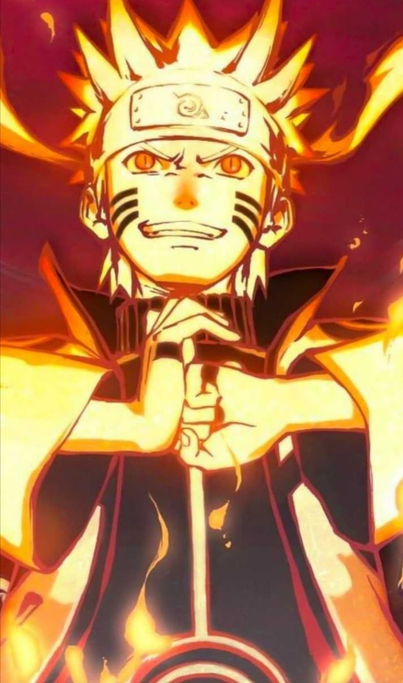Naruto Uzumaki performs a hand seal while glowing orange eyes and chakra flames surround his spiky blonde hair.