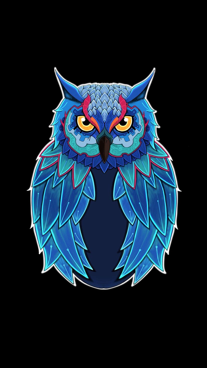 Patterned blue owl with glowing golden eyes and red feather accents centered on a stark black background.