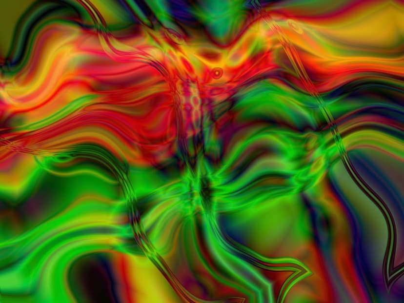 Swirling ribbons of crimson, neon green, and bright yellow blend into fluid, marbled psychedelic patterns.