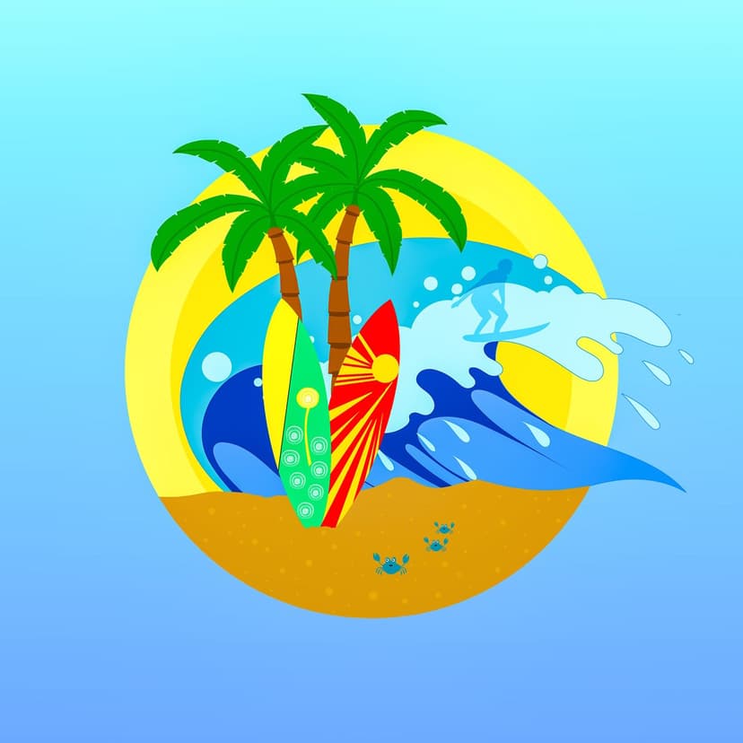 Two colorful surfboards lean against palm trees on a sandy beach while a surfer rides a large ocean wave.